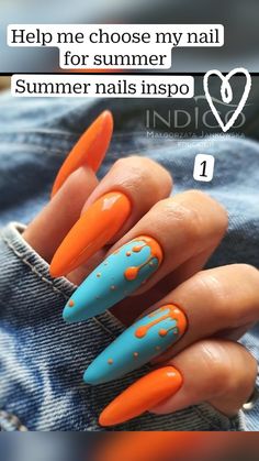 Simple Summer Nails Stiletto, Pride Chrome Nails, Neon Almond Nails Summer, Two Toned Nails Designs, Crazy Nails Ideas, Animated Nails, Edc Nails, Beachy Nails