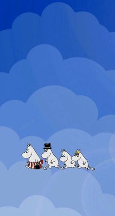 three white polar bears are walking in the sky with hats on and one is wearing a top hat