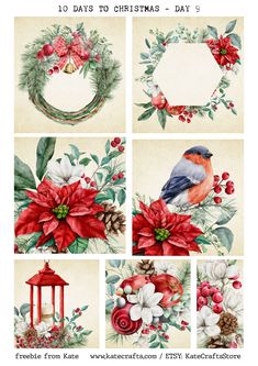 christmas wreaths with flowers and birds are shown in the middle of this page, which includes