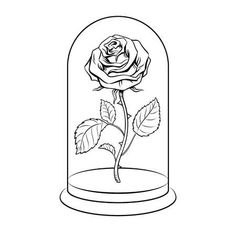 a drawing of a rose in a glass dome with leaves on the outside and inside