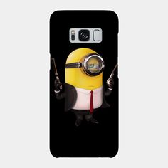 a phone case with a minion wearing a tie and holding two magnifying glasses