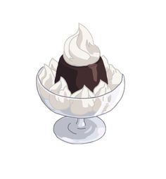 an ice cream sundae in a glass dish with whipped cream and chocolate on top