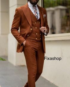 This is a Classy Rust brown 3 Piece Suit by fixashop /crafted from high quality fabric and imported materials. Our products are handcrafted by experienced tailors who make sure the that the stitching is precise, lining is proper and the overall product is sturdy enough to not go out of shape for more than a few years. Also all our products have extra margins in their length, sleeves, sides so it's easily alterable if your size changes after some time. To see more available colours and designs in this collection, Check out the ' Collection' Section. *This is a 3 piece set of a Coat+westcoast+pant  *We also offer customization so we can provide you an even better fit if you massage us your measurements (in inches) of Chest, Stomach, Waist, Hip, Shoulder and Actual Height after ordering. *Wan Peak Lapel Suit, Summer Wedding Suits, Mens Wedding Suits, Suit Prom, Tuxedo Colors, Groom Tux, Dinner Suit, Wedding Suits Groom, Designer Suits For Men