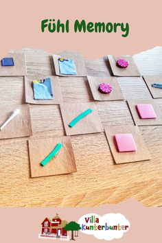 a wooden table topped with lots of magnets and writing on it's sides