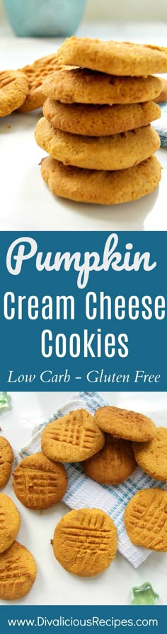 pumpkin cream cheese cookies stacked on top of each other with the words, pumpkin cream cheese cookies