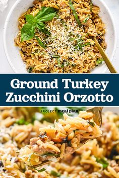 a bowl filled with ground turkey zucchini orzotto on top of a white plate