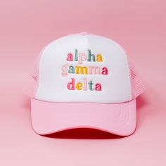 This Sorority Embroidered Trucker Hat is the perfect way to show off your sisterhood pride! With 6 chapters to choose from, you can rep your chapter with ease and effortless style. These hats are perfect for gifting or matching with your sisters! Adjustable mesh backing Available for 5 chapters - Official Greek Licensed Alpha Delta Pi, Alpha Omicron Pi, Alpha Gamma Delta, Phi Mu, and Chi Omega. Pink Trucker Hat, Alpha Gamma Delta, Alpha Delta Pi, Alpha Delta, Greek Sorority, Embroidered Gifts, Leather Stamps, Sorority Gifts, Chi Omega