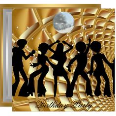 silhouettes of people dancing in front of a disco ball with the words birthday party on it