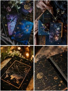 four different pictures with stars and planets on them, one is black and the other is gold