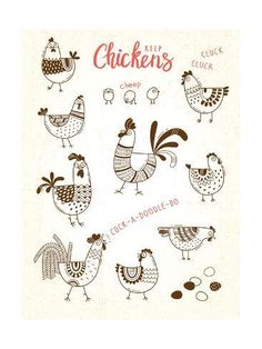 chickens and hens are drawn in the style of hand drawing on paper with grungy