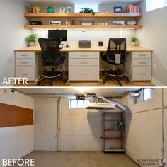 before and after photos of a home office with built in shelving, desks and shelves