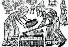 two women are preparing food in an old fashioned woodcut