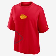 This Boxy T-Shirt helps you support the Kansas City Chiefs with a bold look and large team details. Its soft cotton fabric helps deliver a comfortable feel on game day. Kansas City Chiefs Logo, Chiefs Logo, Nfl Kansas City Chiefs, Nfl T Shirts, Nike Nfl, Uniform Design, Nfl Gear, Shield Design, Nike Red