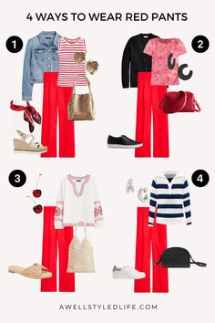 This week I am musing about fashion that I spotted while traveling this summer and 4 ways to wear red pants. How To Wear Red Pants, Red Pant Outfits For Women, What To Wear With Red Pants, Red Style Outfit, How To Style Red Pants, Red Pants Outfit Summer, Outfit With Red Pants, Red Pants Summer, Red Pants Outfit Street Style