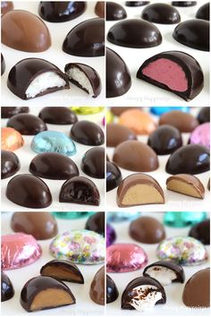 several different types of chocolates are shown in this collage with the same color