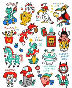 an assortment of cartoon character stickers on a white background with the words happy birthday written in