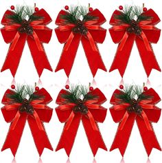 six red bows with pineconis and mists are arranged in the shape of a bow