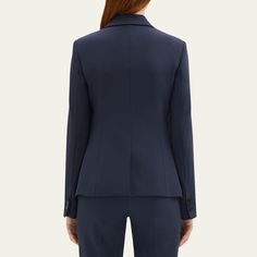 Theory "Carissa" jacket crafted from stretch Good Wool Notched lapels; two-button front Long sleeves; button cuffs Structured shoulders Flap front pockets Back vent Slim fit Hip length Cutaway hem Wool/elastane Imported Fitted Suits With Button Cuffs And Notch Lapel, Slim Fit Lapel Collar Outerwear For Work, Slim Fit Outerwear With Lapel Collar For Work, Slim Fit Suit Collar Outerwear For Work, Flat Front Suits With Button Cuffs For Work, Slim Fit Blazer With Button Closure For Work, Fitted Suits With Button Cuffs For Business Casual, Fitted Suit With Button Cuffs And Lapel Collar, Fitted Suits With Button Cuffs And Lapel Collar