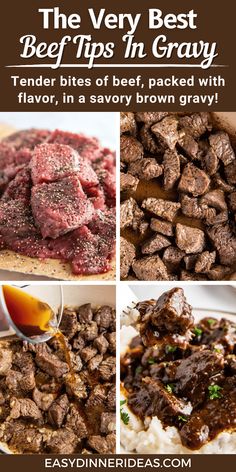 the very best beef tips in gray tender bites of beef, packed with flavor, in savory brown gravy