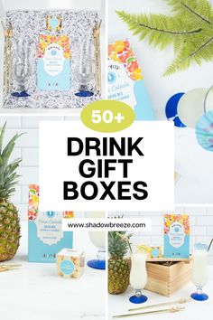 pineapples and other items with the words drink gift boxes on them are shown