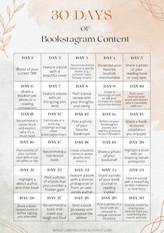 the 30 days of bookstagramm content calendar on a watercolor background with leaves