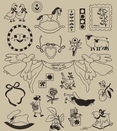 an old fashioned drawing of various items and symbols in black ink on a beige background