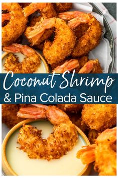 coconut shrimp and pina colada sauce in small bowls with text overlay that says coconut shrimp and pina colada sauce