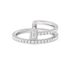 Unique and chic, this diamond ring impresses with its uncluttered look and unconventional style. It features a stacked-like and coil-like design with its slim band and half-circle offshoot. The half-circle band that stems from the pave-set full-circle band bears an emerald-cut diamond tip for added style. Modern Diamond Bypass Open Ring, Modern Brilliant Cut Diamond White Bypass Ring, Modern Diamond Bypass Ring With Open Band, Modern Diamond White Stackable Rings, Modern White Diamond Ring, Modern Double Band Diamond Ring, Gorgeous Engagement Ring, Half Circle, Emerald Cut Diamonds