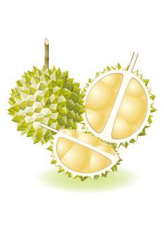 two pieces of fruit with green leaves on them