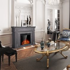 a living room filled with furniture and a fire place in the middle of the room