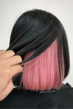 Pastel Pink Underdye On Black Bob Pink Highlights In Black Hair, Highlights In Black Hair, Black Hair Ideas, Pink Hair Highlights, Pink And Black Hair, Pastel Pink Hair, Black Bob, Black Hair With Highlights