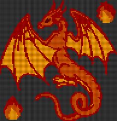 a cross stitch pattern with a red and yellow dragon