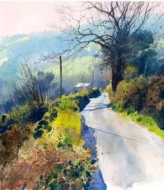 a watercolor painting of a country road with trees and hills in the background, on an iphone screen