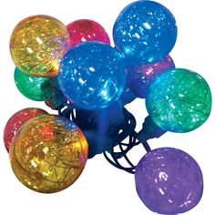 multicolored christmas lights with white wire and colored balls on each light bulb are shown