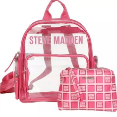 New Specs In The Photos See More Sm In My Closet Transparent Backpack, Steve Madden Backpack, Graphic Desi, Clear Backpack, Logo Script, Backpack Set, Red Backpack, Handbag Stores, Faux Leather Backpack