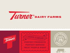 the logo for dairy farms is shown in red, white and grey colors with an image of a cow on it