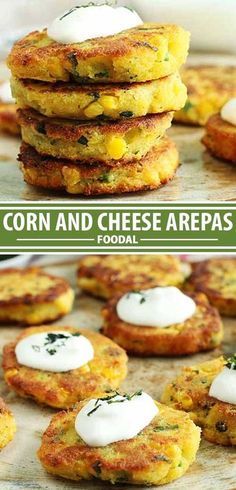 corn and cheese appetizers with sour cream on top are ready to be eaten