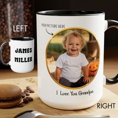 a coffee mug with an image of james miller on it and a spoon next to it