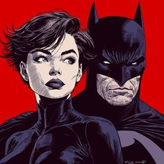 the batman and catwoman are standing next to each other in front of a red background