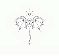 a black and white drawing of a dragon's wings with an arrow in the middle