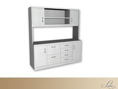 an image of a white cabinet with drawers and cupboards on the bottom, in front of a gold background