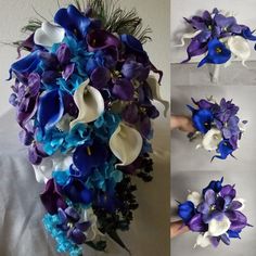 the bride's bouquet is made up of blue and white flowers, including calla lilies