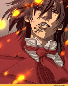 an anime character with long black hair wearing a red coat and bow tie, looking at the camera