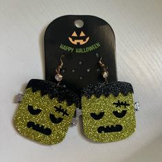 New, Unused Halloween Sparkly Monster Earrings Green Halloween Party Jewelry, Green Novelty Earrings For Halloween, Novelty Black Party Earrings, Novelty Black Earrings For Party, Spooky Black Earrings For Party, Green Halloween Party Earrings, Black Halloween Party Earrings, Monster Earrings, Laser Projects