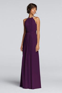 a woman in a long purple dress