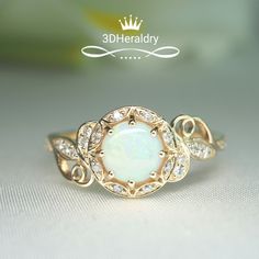 Opal ring, opal engagement ring vintage and nature inspired unique design with an Australian opal and natural diamonds made in solid 14k yellow, white, or rose gold made your way by 3DHeraldry #ring #wedding #opal #engagement #gift #anniversary Elegant Opal Ring With Center Stone, Elegant Opal Cluster Ring, Classic White Opal Ring With Halo, White Opal Halo Ring, Heirloom White Opal Ring, Elegant Opal Cluster Ring For Anniversary, White Opal Promise Ring With Halo Design, Elegant Opal Rings With Halo Design, White Opal Ring With Halo Design For Promise