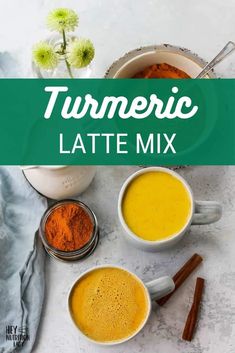 turment latte mix in two mugs with cinnamon and spices on the side