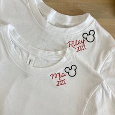 Each t-shirt is customized with a name, year (if desired) and a mini mickey or Minnie outline stitched along the collar. Since these are embroidered along the collar, the smallest size available for this particular design is 18 months. Please include the name as well as the year you would like stitched. Please wash on delicate cycle in cold water, and dry normally. If you are wanting a different design, more wording, or a different clothing style, please send me a message so we can discuss the d Minnie Outline, Disney Monogram, Family Disney Shirts Matching, Disney Movies List, Minnie Mouse Sweater, Disney Birthday Shirt, Monogram Outfit, Disney World Outfits, Disney Patches