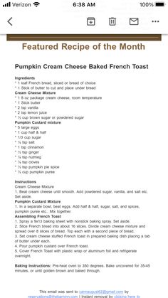 the recipe for pumpkin cream cheese baked french toast is shown in this screenshote