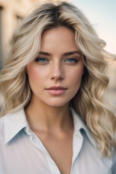 a woman with blonde hair and blue eyes wearing a white shirt looking at the camera